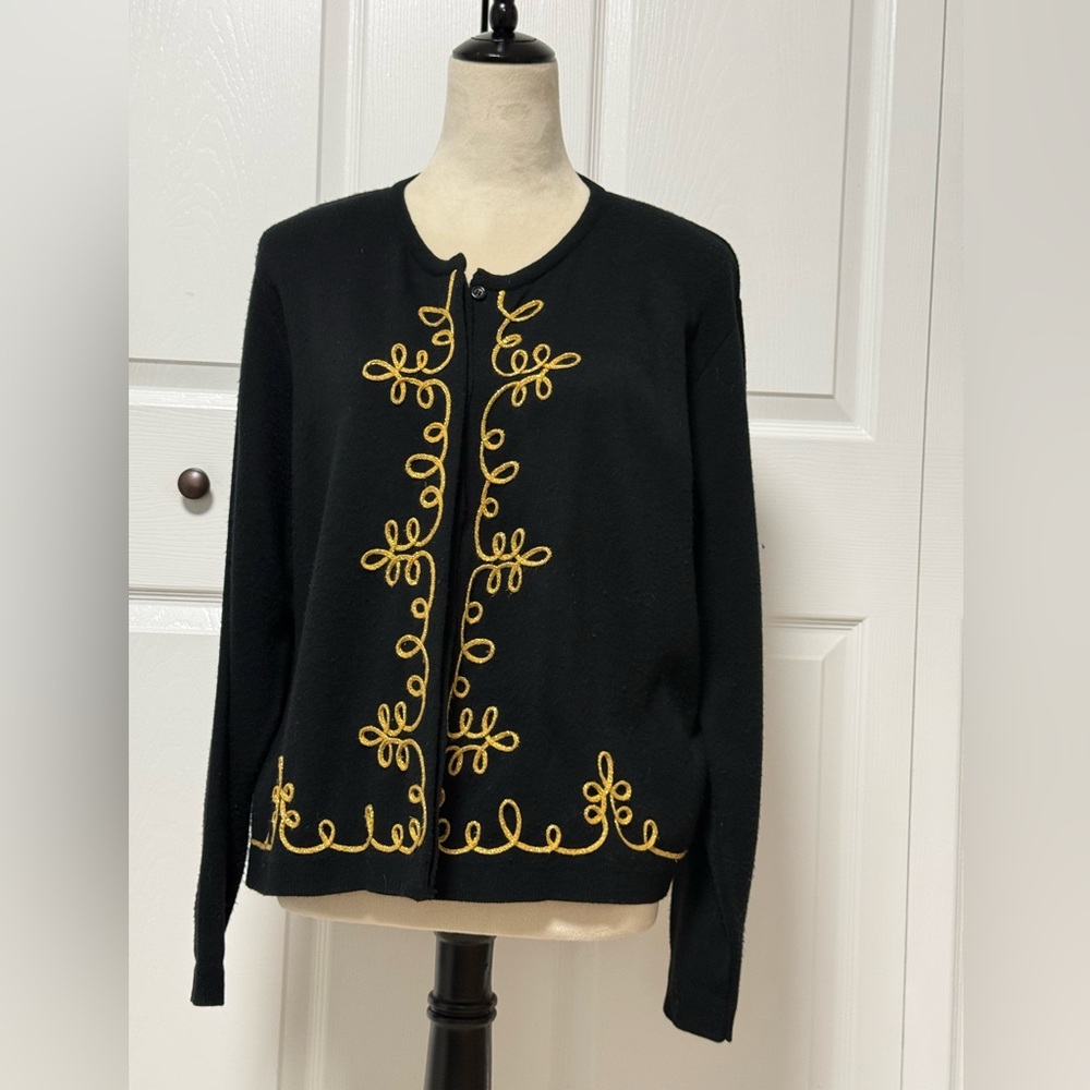 VTG Prosperity with Class Black Gold Embroidered Hidden Button Cardigan L